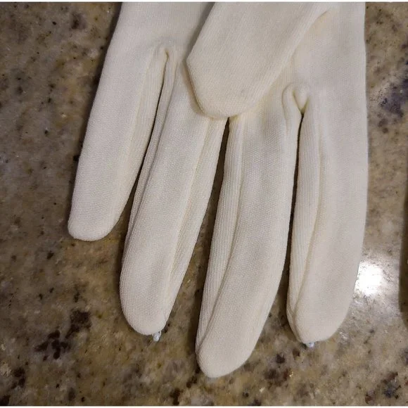 New? Vintage One Size Fits Cream Stretch Nylon Formal 8" Gloves Silver Tone Bead - Picture 7 of 16